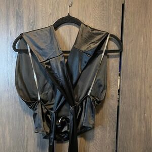 Womens Large Black Satin Halter Wrap Top Deep V Neck Open Back Tie Waist Windsor